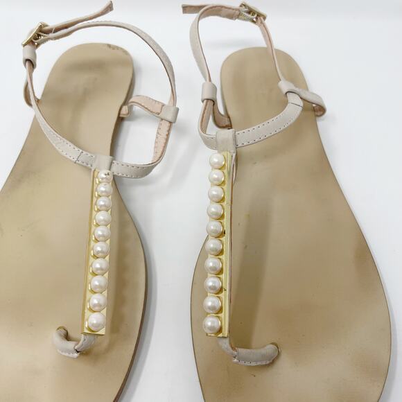 ALDO Womens US 9 EUR 40 Cream Faux Pearl Thong Sandals Ankle Strap Flat - Picture 4 of 12